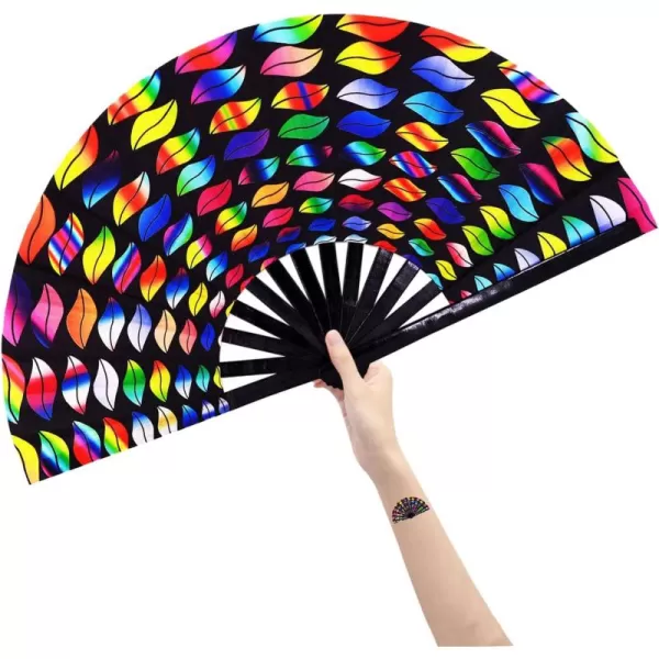 Amajiji Large Folding Hand Rave Fan Clack Fans for WomenMen ChineaseJapanese Bamboo and NylonCloth Hand held Folding Fan Hand Fan Festival Fan Gift Fan Craft Fan Dance Fan Carnival ightsColorful lips
