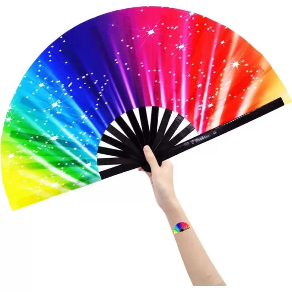Amajiji Large Folding Hand Rave Fan Clack Fans for WomenMen ChineaseJapanese Bamboo and NylonCloth Hand held Folding Fan Hand Fan Festival Fan Gift Fan Craft Fan Dance Fan Carnival ightsColorful Rainbow