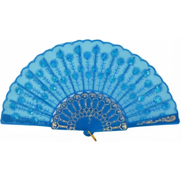 Amajiji Womans Folding FansHandmade Embroidered Flower Peacock Pattern Sequin Fabric Folding Fans Sky Blue