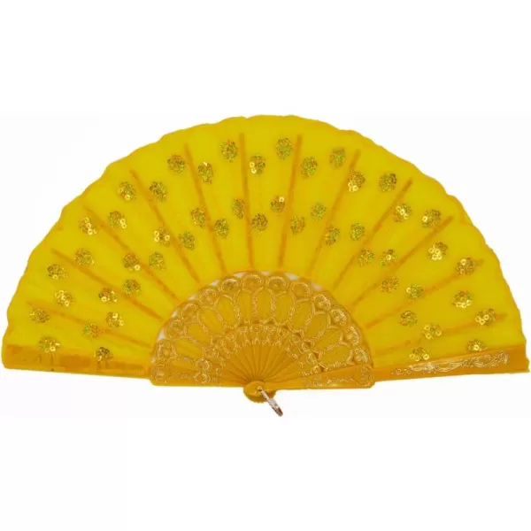 Amajiji Womans Folding FansHandmade Embroidered Flower Peacock Pattern Sequin Fabric Folding Fans Yellow