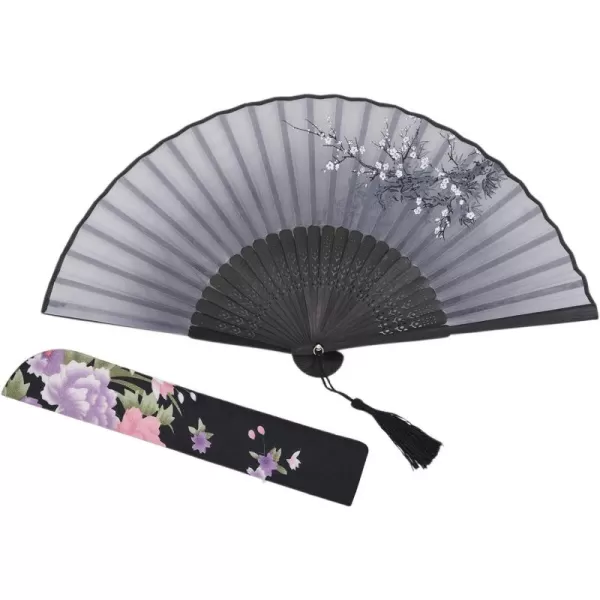 Amajiji Women Hand Held Silk Folding Fans with Bamboo Frame Black