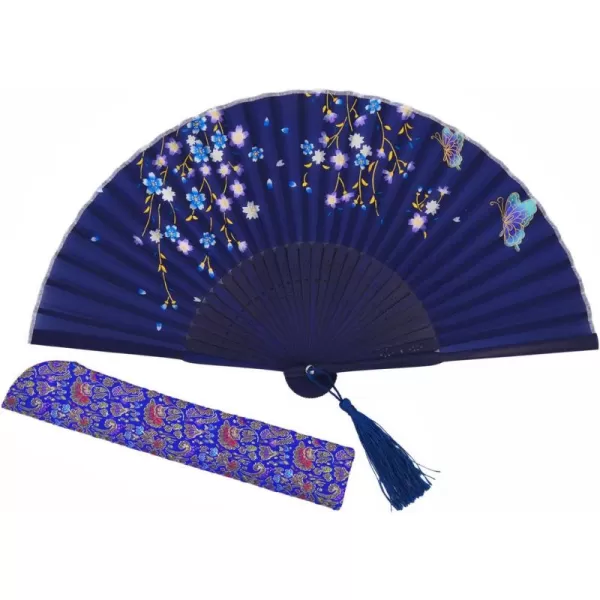 Amajiji Women Hand Held Silk Folding Fans with Bamboo Frame Blue