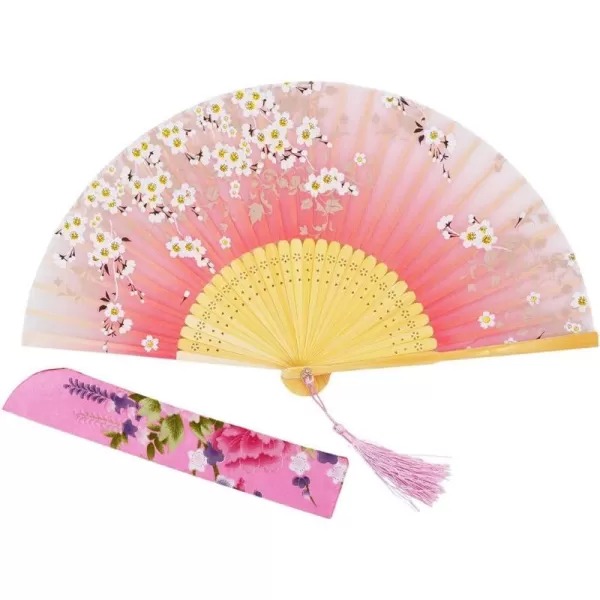 Amajiji Women Ladys Girls 827quot21cm Folding Fan Hand FanHand Held Silk Folding Fan with Bamboo FrameChineaseJapanese Vintage Retro Style Pink