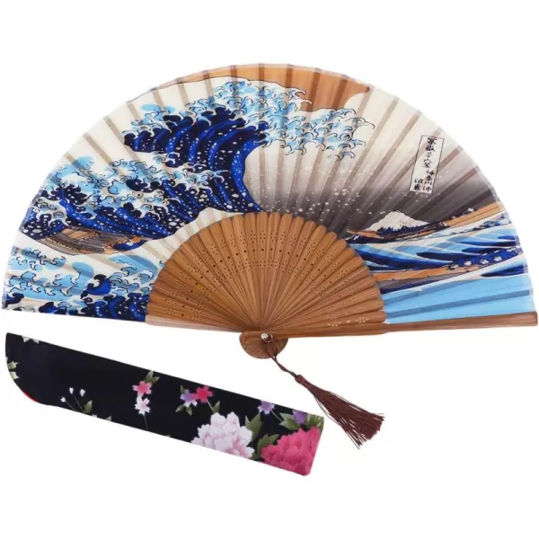 Amajiji quotSea Waves 827quot21cm ChineaseJapanese Hand Held Silk Folding Fan with Bamboo FrameHollow Carve Patterns Bamboo Frame Women Hand Folding Fans Hand Fan Gift fan Folding Fan Sea Waves
