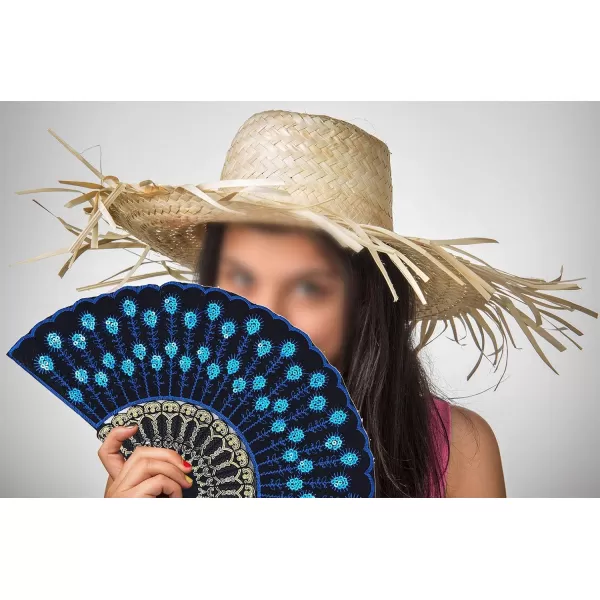 Amajiji Folding Fans for WomenHandmade Elegant Colorful Embroidered Flower Peacock Pattern Sequin Fabric Folding Fans Blue