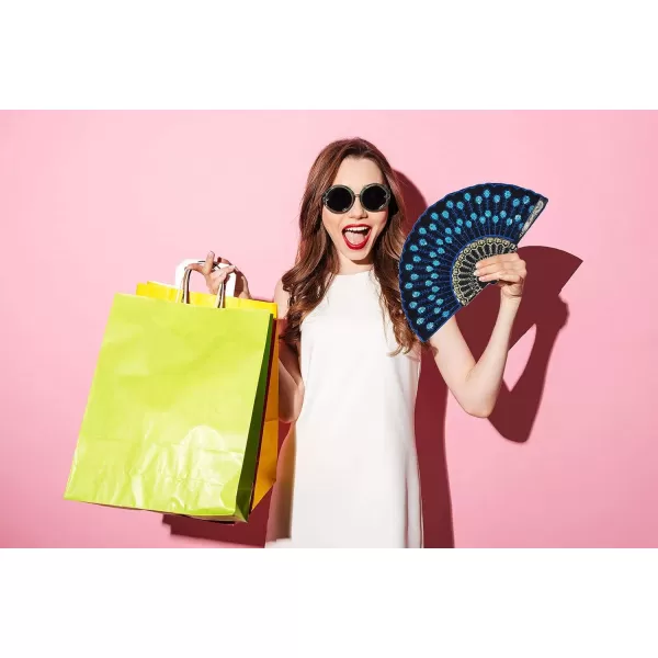 Amajiji Folding Fans for WomenHandmade Elegant Colorful Embroidered Flower Peacock Pattern Sequin Fabric Folding Fans Blue
