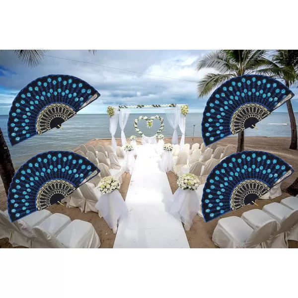 Amajiji Folding Fans for WomenHandmade Elegant Colorful Embroidered Flower Peacock Pattern Sequin Fabric Folding Fans Blue