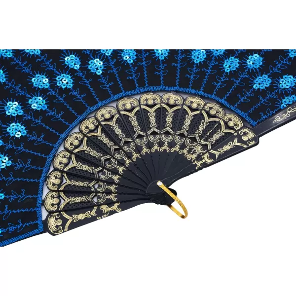 Amajiji Folding Fans for WomenHandmade Elegant Colorful Embroidered Flower Peacock Pattern Sequin Fabric Folding Fans Blue
