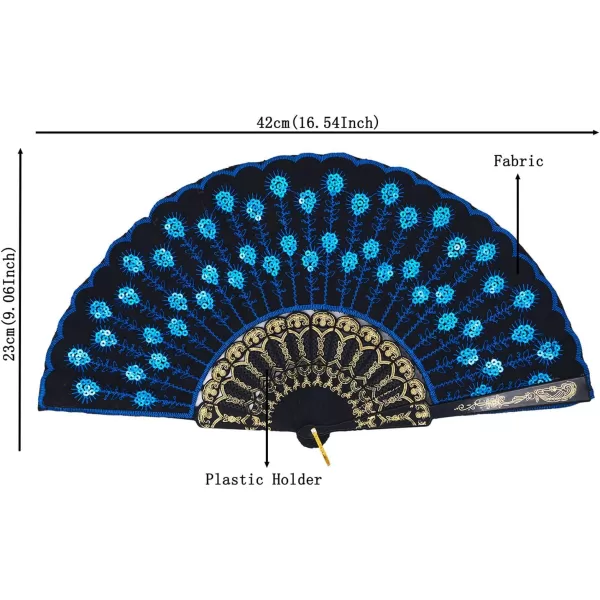 Amajiji Folding Fans for WomenHandmade Elegant Colorful Embroidered Flower Peacock Pattern Sequin Fabric Folding Fans Blue