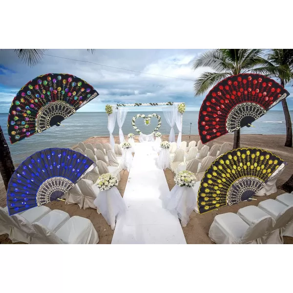 Amajiji Folding Fans for WomenHandmade Elegant Colorful Embroidered Flower Peacock Pattern Sequin Fabric Folding Fans Mixed Colors 10pcs