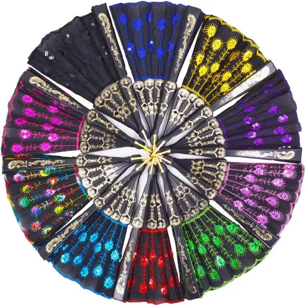 Amajiji Folding Fans for WomenHandmade Elegant Colorful Embroidered Flower Peacock Pattern Sequin Fabric Folding Fans Mixed Colors 10pcs