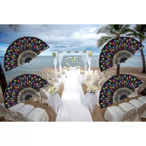 Amajiji Folding Fans for WomenHandmade Elegant Colorful Embroidered Flower Peacock Pattern Sequin Fabric Folding Fans Multi Color