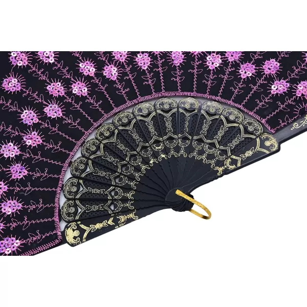 Amajiji Folding Fans for WomenHandmade Elegant Colorful Embroidered Flower Peacock Pattern Sequin Fabric Folding Fans Pink