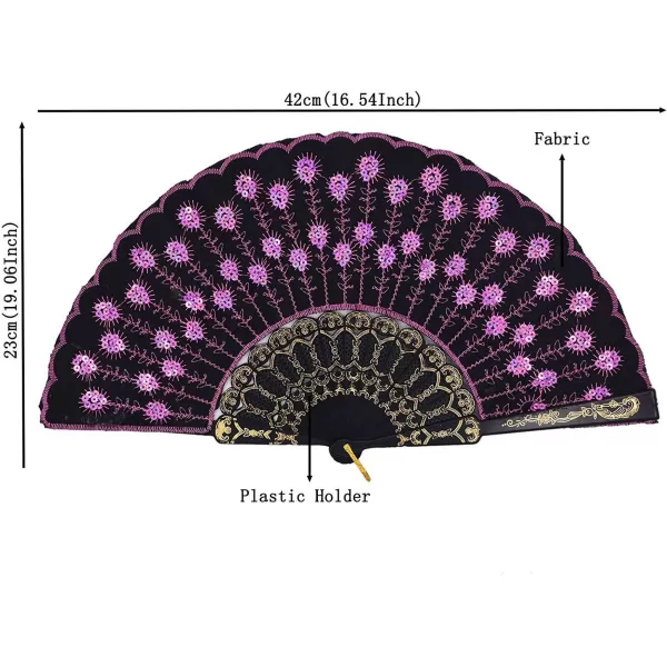 Amajiji Folding Fans for WomenHandmade Elegant Colorful Embroidered Flower Peacock Pattern Sequin Fabric Folding Fans Pink
