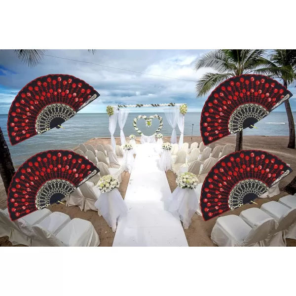 Amajiji Folding Fans for WomenHandmade Elegant Colorful Embroidered Flower Peacock Pattern Sequin Fabric Folding Fans Red
