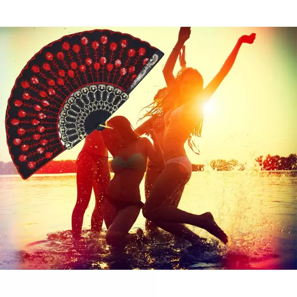 Amajiji Folding Fans for WomenHandmade Elegant Colorful Embroidered Flower Peacock Pattern Sequin Fabric Folding Fans Red