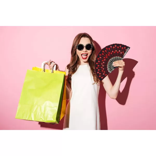 Amajiji Folding Fans for WomenHandmade Elegant Colorful Embroidered Flower Peacock Pattern Sequin Fabric Folding Fans Red