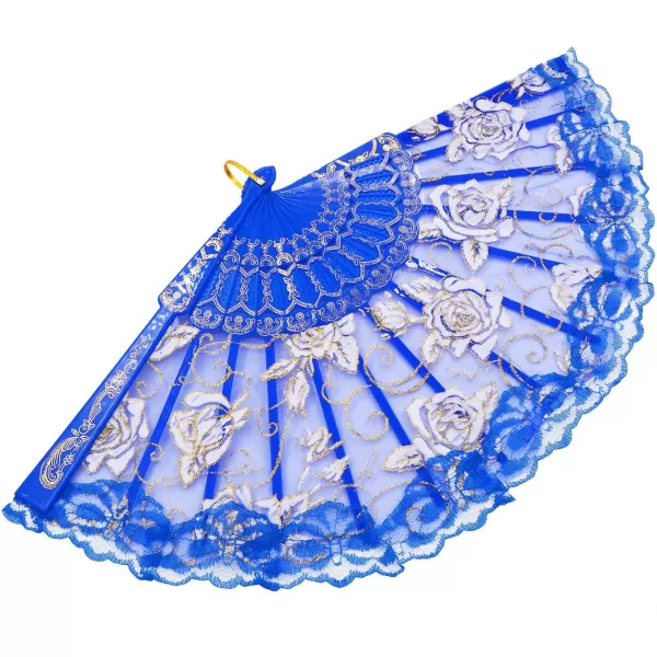 Amajiji Folding Hand FansFashion Elegant Flower Rose Lace ChineseJapanese Folding Fan BlueBlue