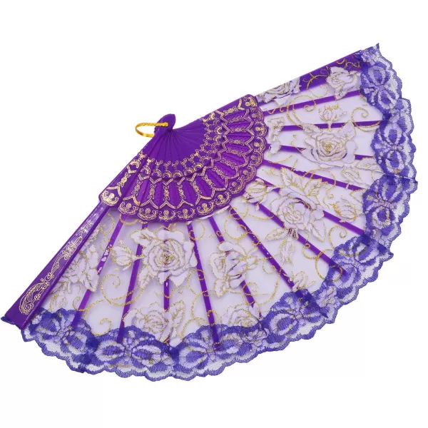 Amajiji Folding Hand FansFashion Elegant Flower Rose Lace ChineseJapanese Folding Fan BluePurple