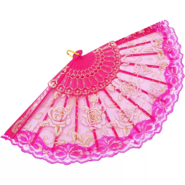 Amajiji Folding Hand FansFashion Elegant Flower Rose Lace ChineseJapanese Folding Fan BlueRose Red
