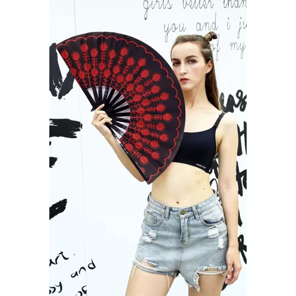 Amajiji Large Folding Hand Rave Fan for WomenMen ChineaseJapanese Bamboo and NylonCloth Hand held Folding Fan Hand Fan Festival Fan Gift Fan Craft Fan Folding Fan Dance Fan Colorful PeacockRed Peacock
