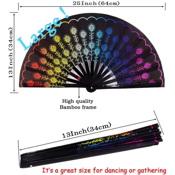 Amajiji Large Folding Hand Rave Fan for WomenMen ChineaseJapanese Bamboo and NylonCloth Hand held Folding Fan Hand Fan Festival Fan Gift Fan Craft Fan Folding Fan Dance Fan CarnivalColorful Peacock