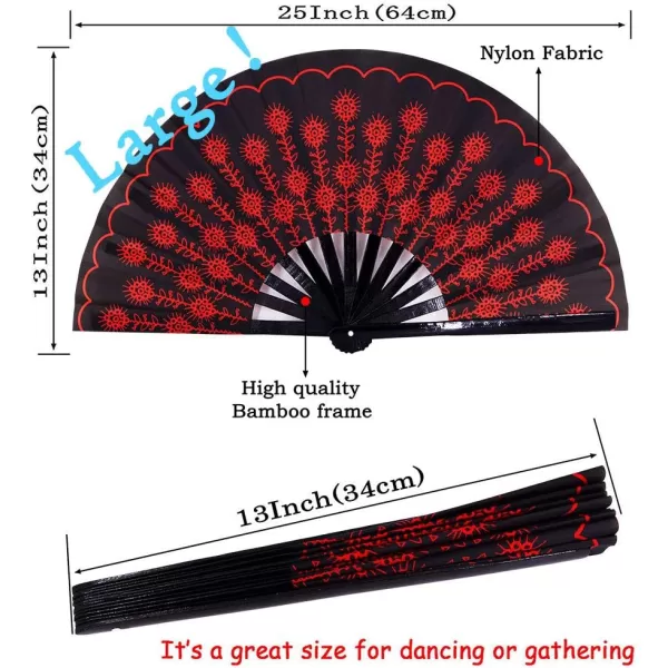 Amajiji Large Folding Hand Rave Fan for WomenMen ChineaseJapanese Bamboo and NylonCloth Hand held Folding Fan Hand Fan Festival Fan Gift Fan Craft Fan Folding Fan Dance Fan CarnivalRed Peacock