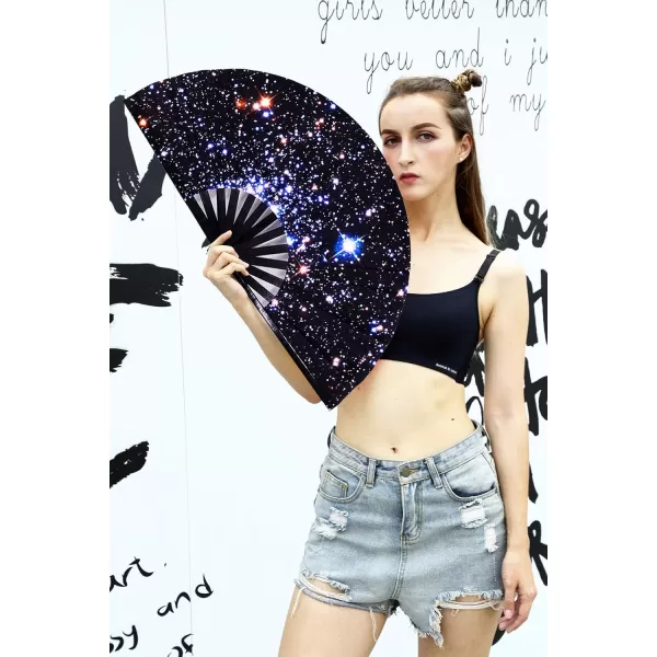 Amajiji Large Folding Hand Rave Fan for WomenMen ChineaseJapanese Bamboo and NylonCloth Hand held Folding Fan Hand Fan Festival Fan Gift Fan Craft Fan Folding Fan Dance Fan Colorful PeacockStarry Night Sky