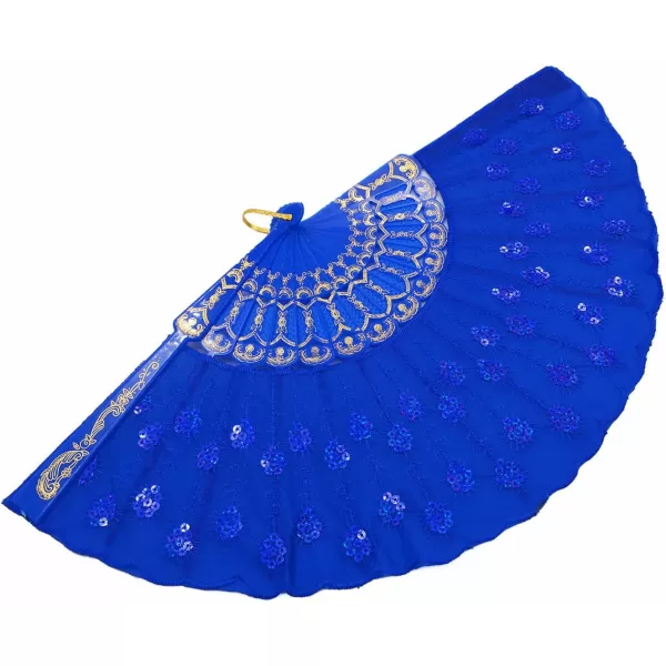 Amajiji Womans Folding FansHandmade Embroidered Flower Peacock Pattern Sequin Fabric Folding Fans Blue
