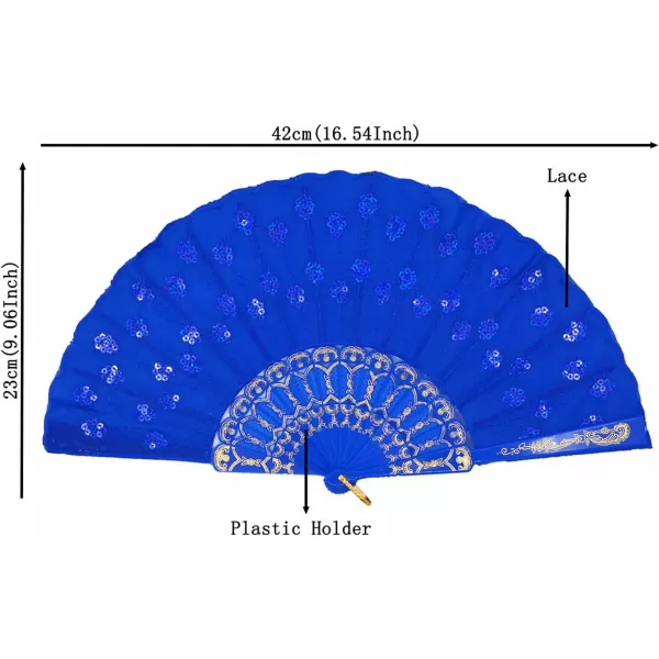 Amajiji Womans Folding FansHandmade Embroidered Flower Peacock Pattern Sequin Fabric Folding Fans Blue