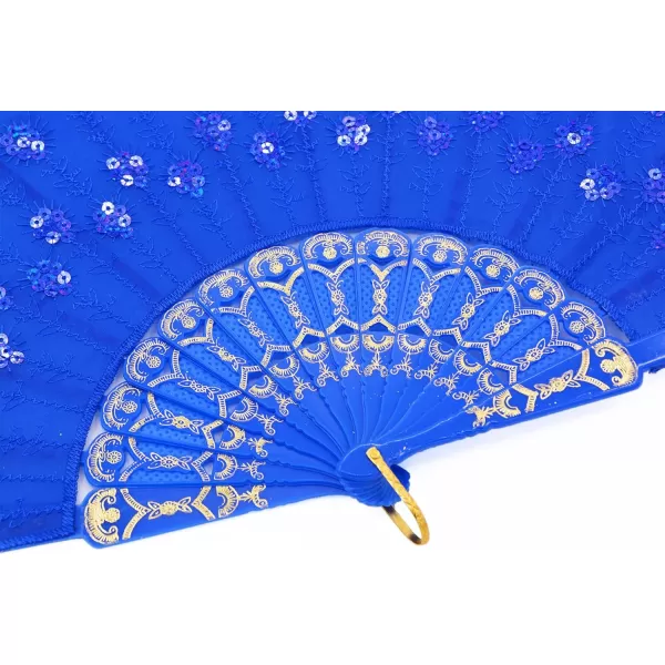 Amajiji Womans Folding FansHandmade Embroidered Flower Peacock Pattern Sequin Fabric Folding Fans Blue