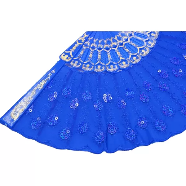 Amajiji Womans Folding FansHandmade Embroidered Flower Peacock Pattern Sequin Fabric Folding Fans Blue
