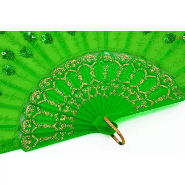Amajiji Womans Folding FansHandmade Embroidered Flower Peacock Pattern Sequin Fabric Folding Fans Green