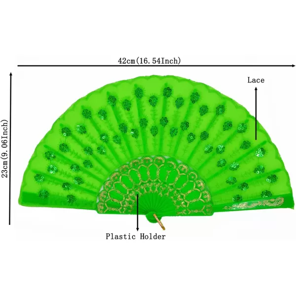 Amajiji Womans Folding FansHandmade Embroidered Flower Peacock Pattern Sequin Fabric Folding Fans Green