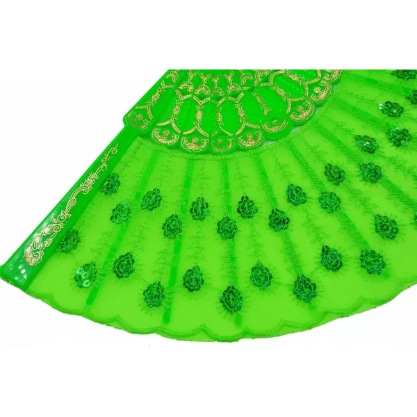 Amajiji Womans Folding FansHandmade Embroidered Flower Peacock Pattern Sequin Fabric Folding Fans Green