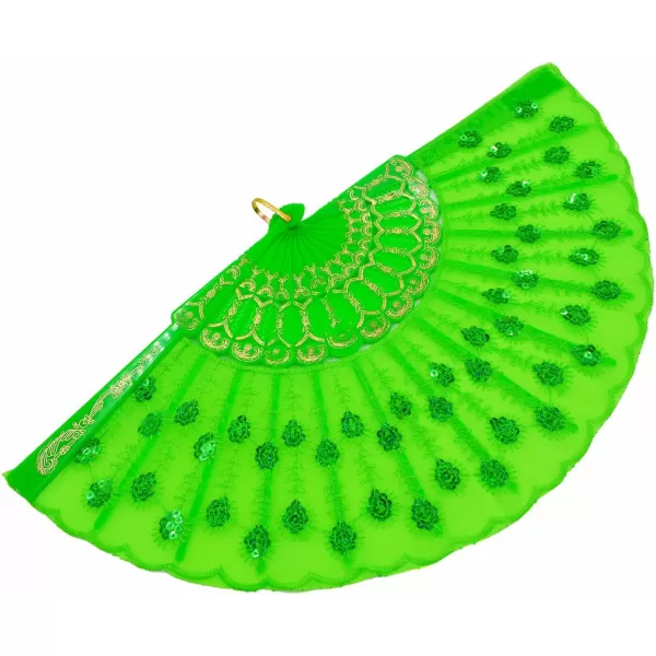 Amajiji Womans Folding FansHandmade Embroidered Flower Peacock Pattern Sequin Fabric Folding Fans Green