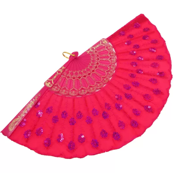 Amajiji Womans Folding FansHandmade Embroidered Flower Peacock Pattern Sequin Fabric Folding Fans Rose Red