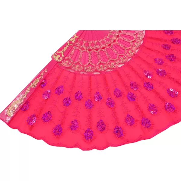 Amajiji Womans Folding FansHandmade Embroidered Flower Peacock Pattern Sequin Fabric Folding Fans Rose Red