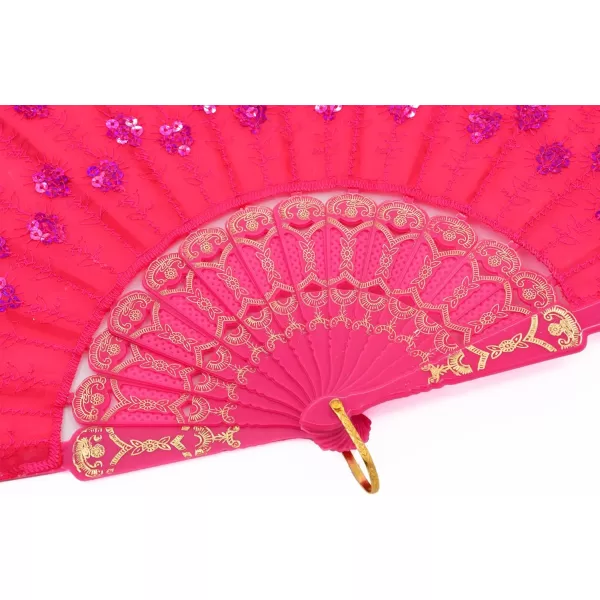 Amajiji Womans Folding FansHandmade Embroidered Flower Peacock Pattern Sequin Fabric Folding Fans Rose Red