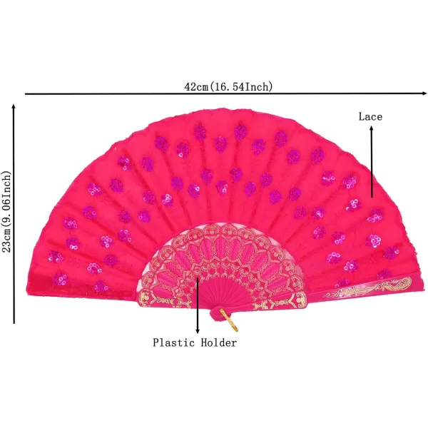 Amajiji Womans Folding FansHandmade Embroidered Flower Peacock Pattern Sequin Fabric Folding Fans Rose Red