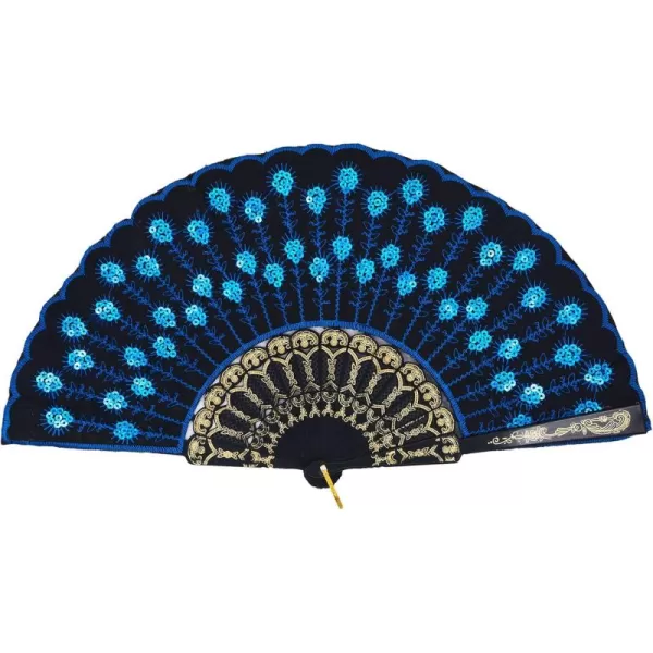 Amajiji Folding Fans for WomenHandmade Elegant Colorful Embroidered Flower Peacock Pattern Sequin Fabric Folding Fans Blue