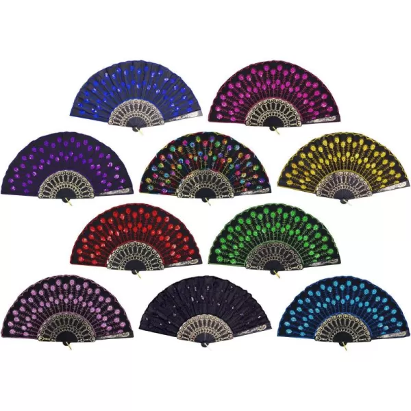 Amajiji Folding Fans for WomenHandmade Elegant Colorful Embroidered Flower Peacock Pattern Sequin Fabric Folding Fans Mixed Colors 10pcs