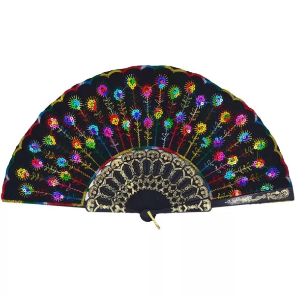 Amajiji Folding Fans for WomenHandmade Elegant Colorful Embroidered Flower Peacock Pattern Sequin Fabric Folding Fans Multi Color