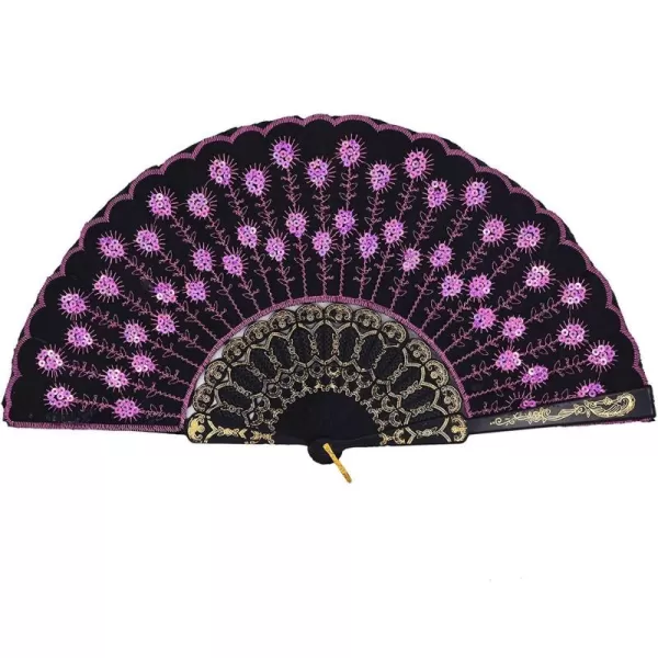 Amajiji Folding Fans for WomenHandmade Elegant Colorful Embroidered Flower Peacock Pattern Sequin Fabric Folding Fans Pink