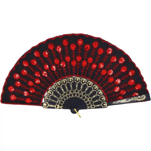 Amajiji Folding Fans for WomenHandmade Elegant Colorful Embroidered Flower Peacock Pattern Sequin Fabric Folding Fans Red