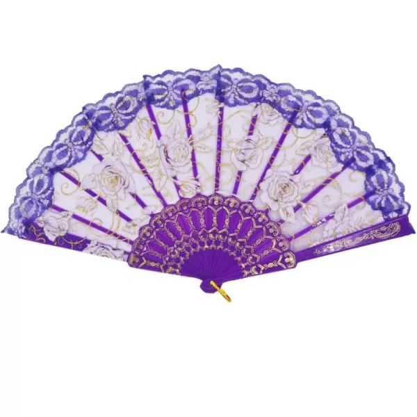 Amajiji Folding Hand FansFashion Elegant Flower Rose Lace ChineseJapanese Folding Fan BluePurple