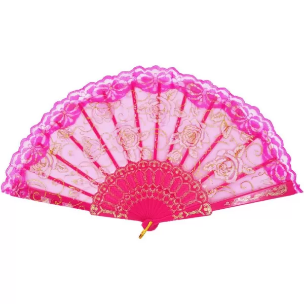 Amajiji Folding Hand FansFashion Elegant Flower Rose Lace ChineseJapanese Folding Fan BlueRose Red