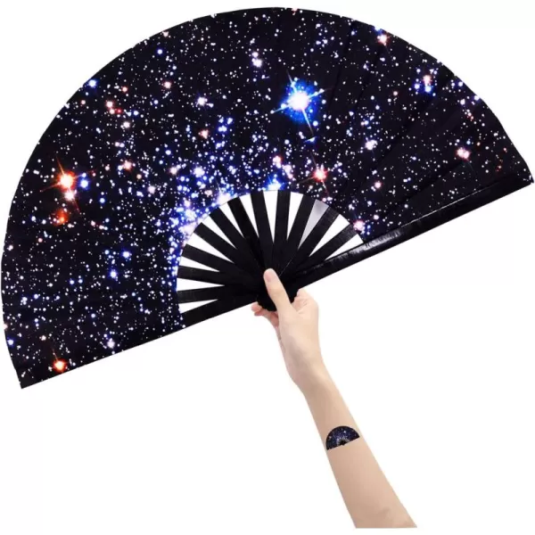 Amajiji Large Folding Hand Rave Fan for WomenMen ChineaseJapanese Bamboo and NylonCloth Hand held Folding Fan Hand Fan Festival Fan Gift Fan Craft Fan Folding Fan Dance Fan Colorful PeacockStarry Night Sky