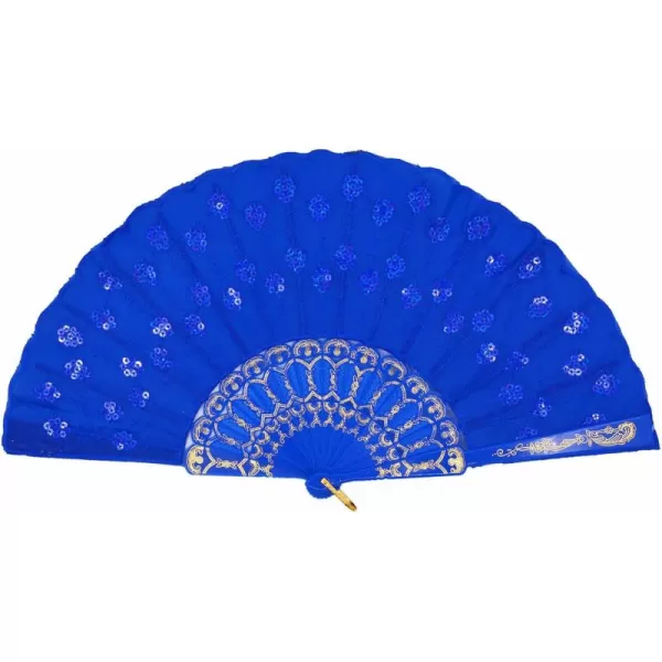 Amajiji Womans Folding FansHandmade Embroidered Flower Peacock Pattern Sequin Fabric Folding Fans Blue