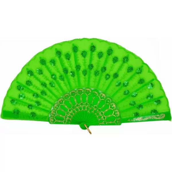 Amajiji Womans Folding FansHandmade Embroidered Flower Peacock Pattern Sequin Fabric Folding Fans Green